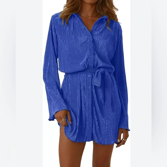 💜 Women's Collar Button Down Pleated Long Sleeve Mini Shirt Dress with Belt - Picture 1 of 4